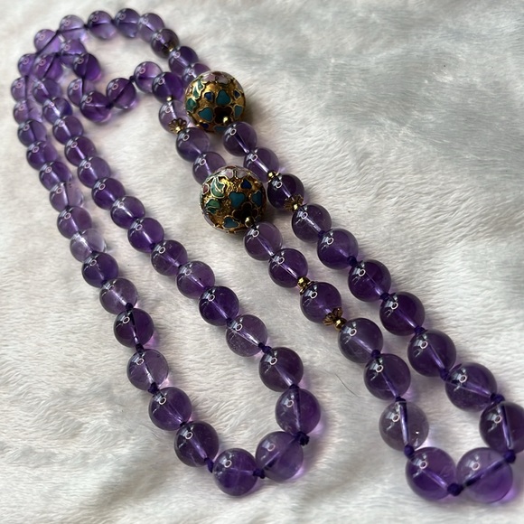 1DAY sale 18k Gold Beads Pools Light Genuine Amethyst Cloisonne Floral Necklace - Picture 5 of 5
